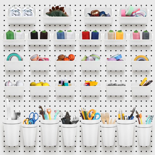 Roowest 60 Pcs Pegboard Cups Pegboard Bins Set in white, designed for garage storage and organization. Includes various sizes of bins and cups mounted on a pegboard with hooks and loops for secure installation. Ideal for organizing tools, craft supplies, and small items in garages, workshops, or offices. Pegboard not included.