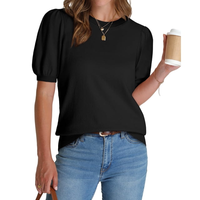 Top de verano negro con manga abullonada para mujer WIHOLL, talla XL