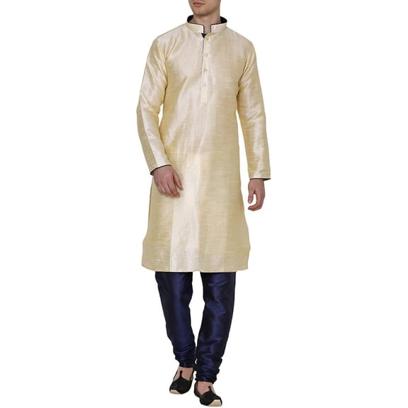 Royal Kurta Men's Dupion Silk Contrast Piping Kurta Churidar Golden