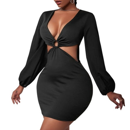 

OWSOO Women Bodycon Dress Hollow out V Neck Long Sleeve Party Dress
