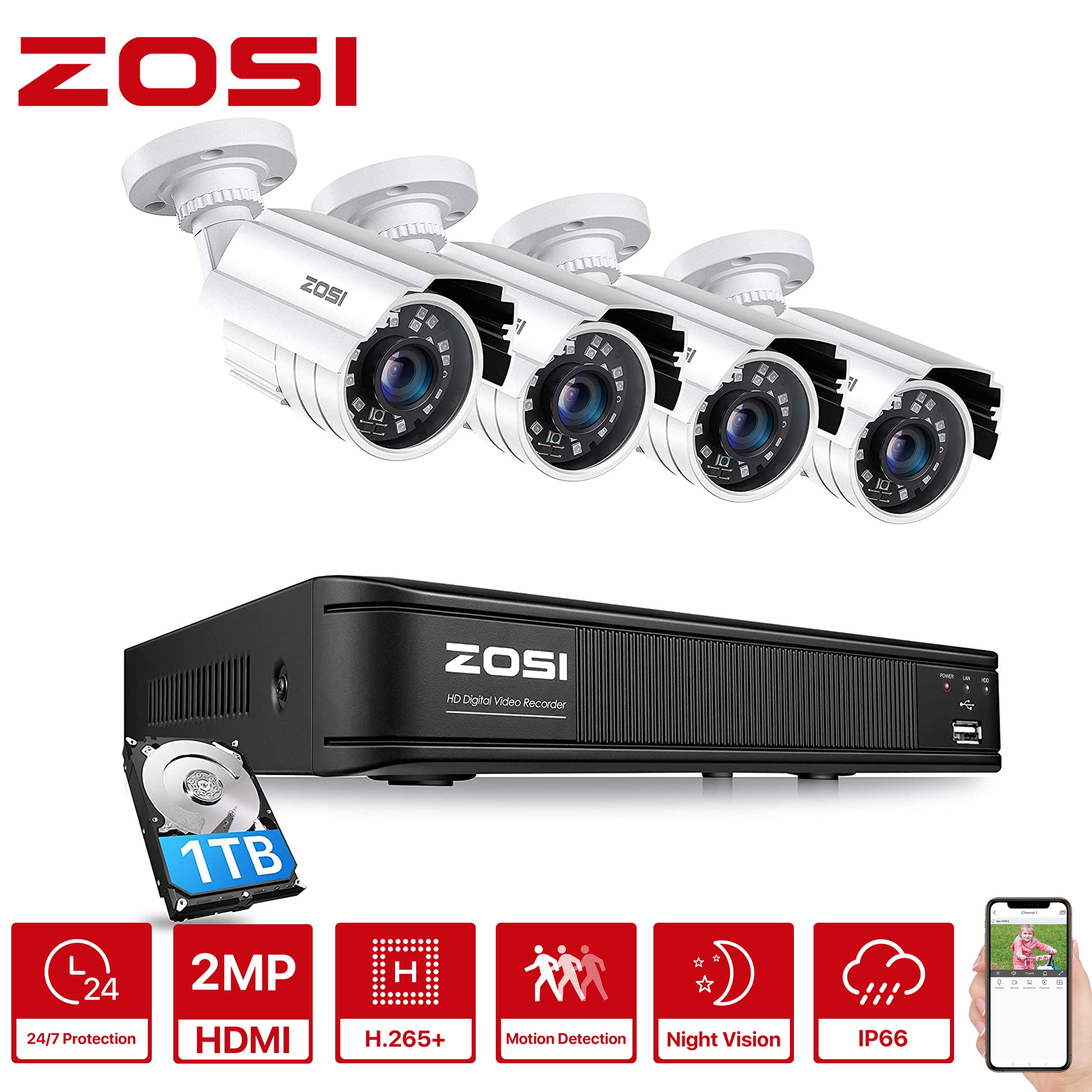 ZOSI HDMI 8CH 1080p POE DVR CCTV motion detection Security surveillance System 