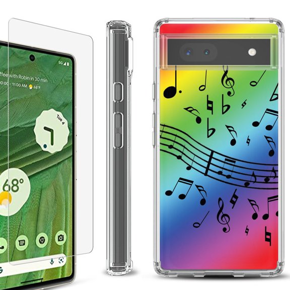Shockproof Bumper Phone Case for Google Pixel 6a, with Tempered Glass Screen Protector, by OneToughShield ® - Music Notes / Rainbow