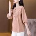 thumbnail image 2 of BiZtdJrK Womens Plus Size Cotton Linen T Shirts Pleated Front 3/4 Length Puff Sleeve Casual T Shirt Button Crew Neck Summer Vacation Tunic Tops Pink XXXL, 2 of 5