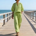 thumbnail image 4 of Trendy Green Linen 2 Piece Outfit Womens Half Sleeve Zip up Blouse Top and Drawstring Wide Leg Pants for Summer Daily Vacation Green XL, 4 of 9