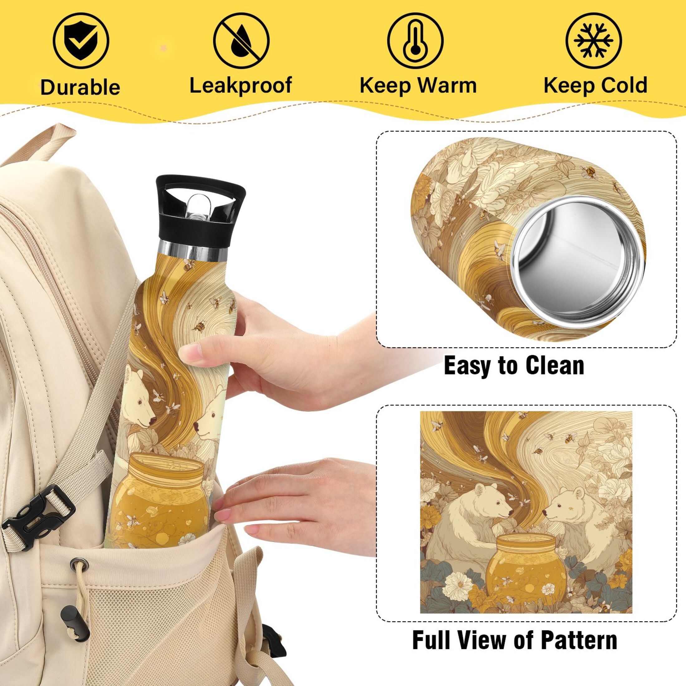 600ML Stainless Steel Insulated Cup Sports Water Bottle Portable Thermos Cup Water Glasses Insulated Tumblers Convenient and Durable Two Bears
