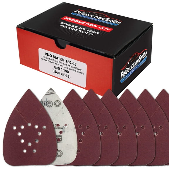 ProductionShop Premium 150 Grit 12-Hole Pattern Mouse Detail Sander Sandpaper Sheets, Box of 45 - Dustless Hook & Loop Triangle Shaped Mouse Disc Pads - Fits Black & Decker Woodworking Wood Furniture