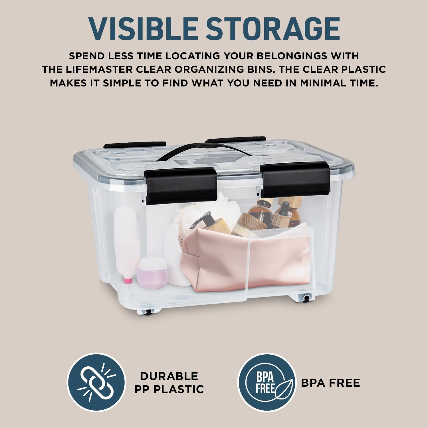 Stackable Storage Boxes - Clear Plastic, Black Seal, Modular Design 19 Quarts