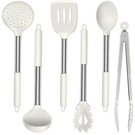Silicone Cooking Utensils Set, 6 Piece Kitchen Cooking Utensils Set, Heat Resistant Kitchen Spatula Gadgets Tools for Nonstick Cookware, Stainless Steel Handle, Dishwasher Safe, White