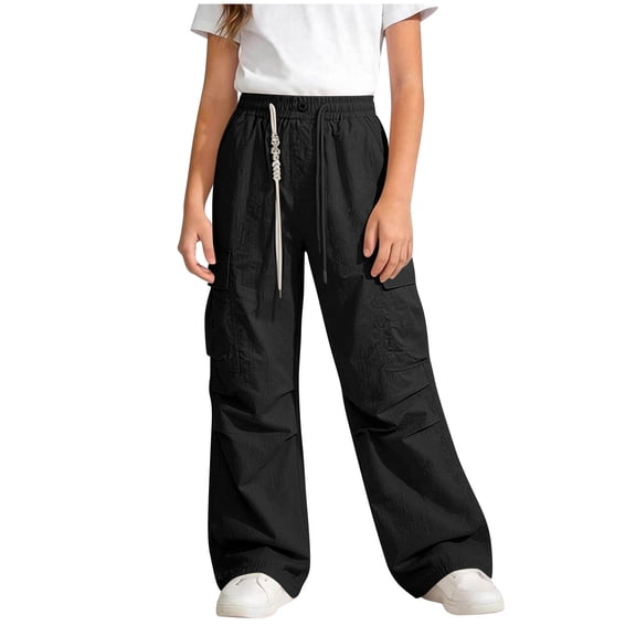 Hurxie Cargo Pants for Girls Baggy Joggers Pants Kids Clothes with Pockets Black,5-6 Years