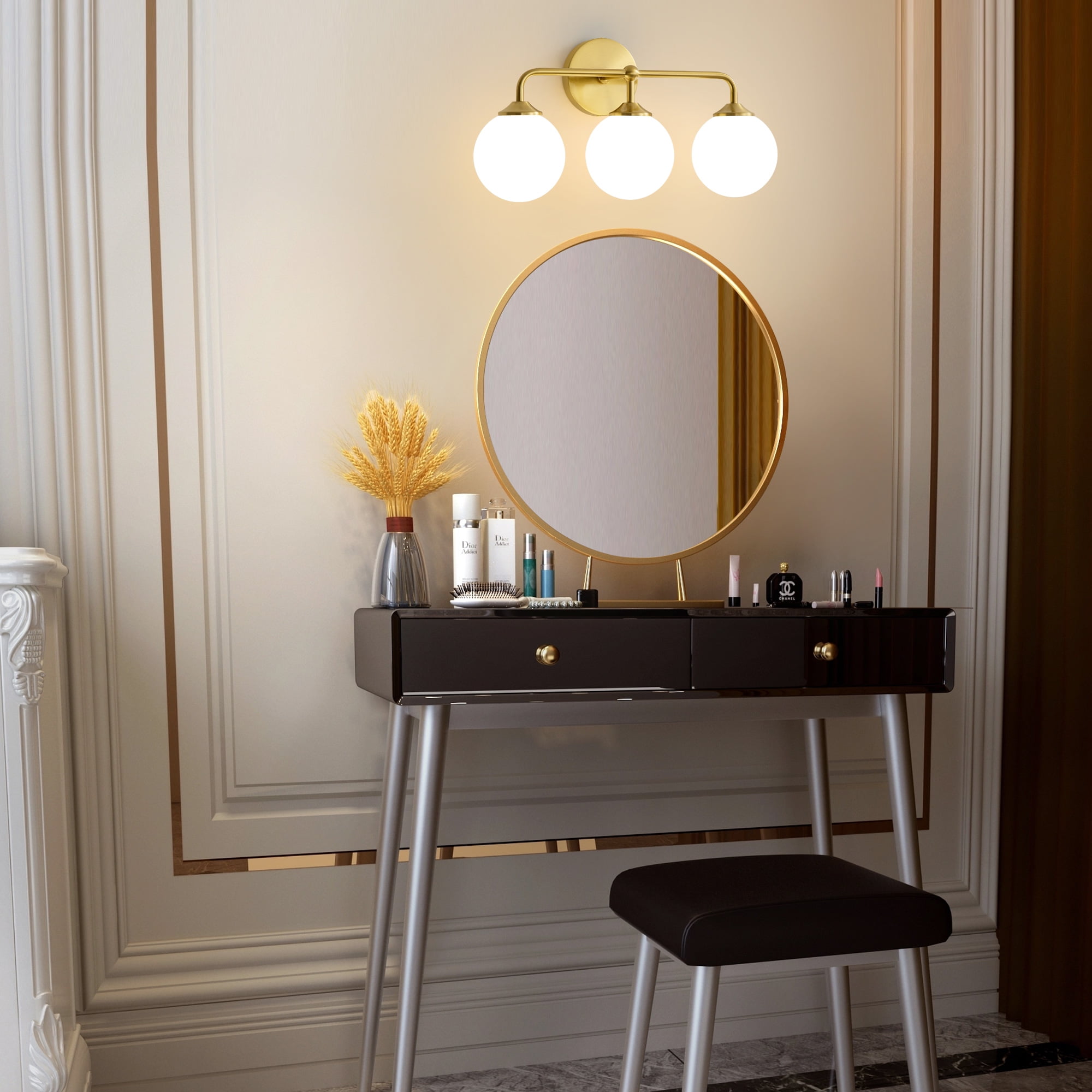 Deyidn Modern Vanity Light Gold 3-Light, 18.89" Bathroom Light with Milk White Glass Shade for Soft Lighting, Damp Rated Fixture for Bath, Powder Room