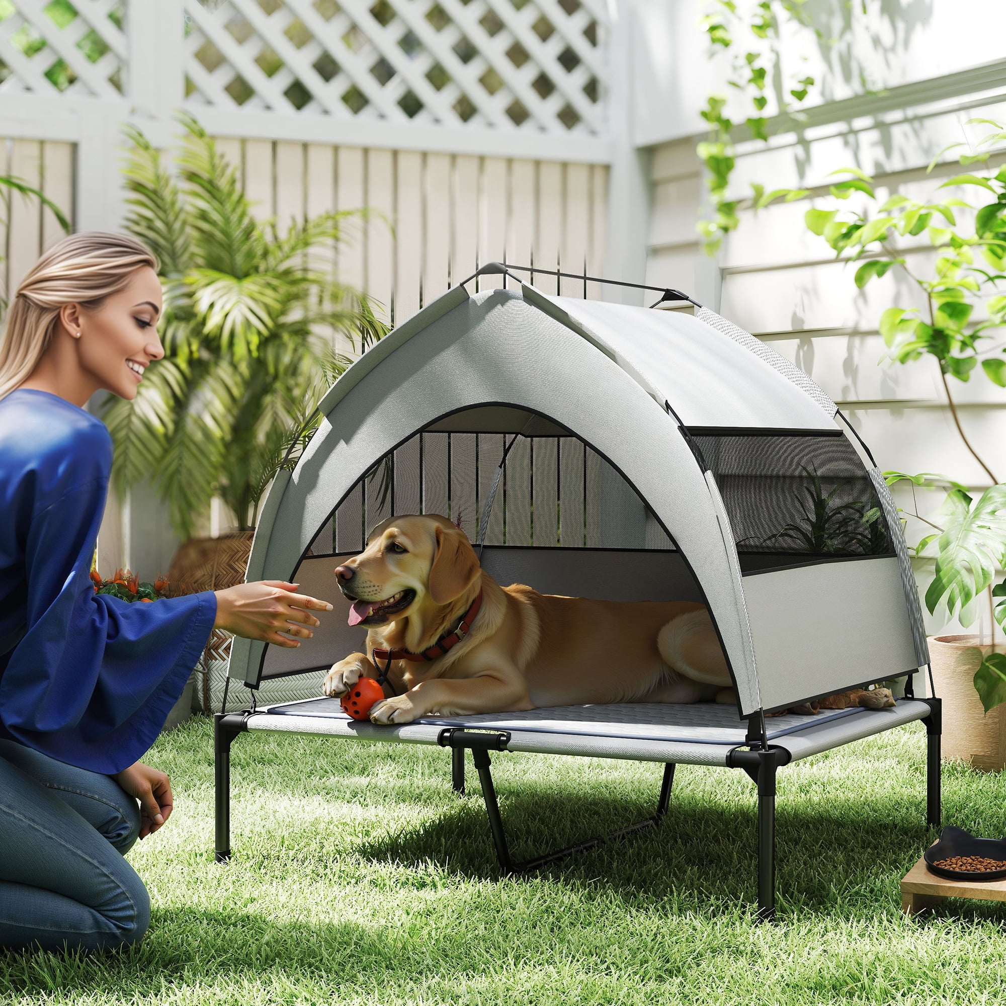 Elevated Cooling Dog Bed with Canopy for Large Dogs up to 66 lbs, Outdoor Indoor Raised Pet Cot with Cooling Pad, Portable Foldable, 36.2”L, Ideal for Patio, Yard, Camping & Beach