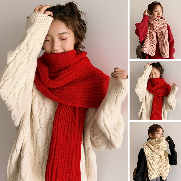 Women Scarf Knitted Solid Color Plain Thickened Soft Keep Warm Comfortable  Autumn Winter Adults Long Scarf Shawl for Outdoor,Red
