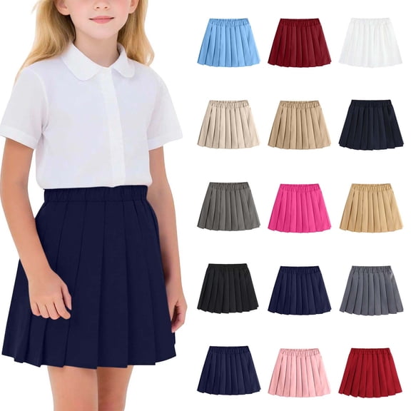 FAIWAD Girls Uniform Pleated Skirt Kids High Waist A-line Skorts Girls Solid Color Mini Skirts with Shorts
