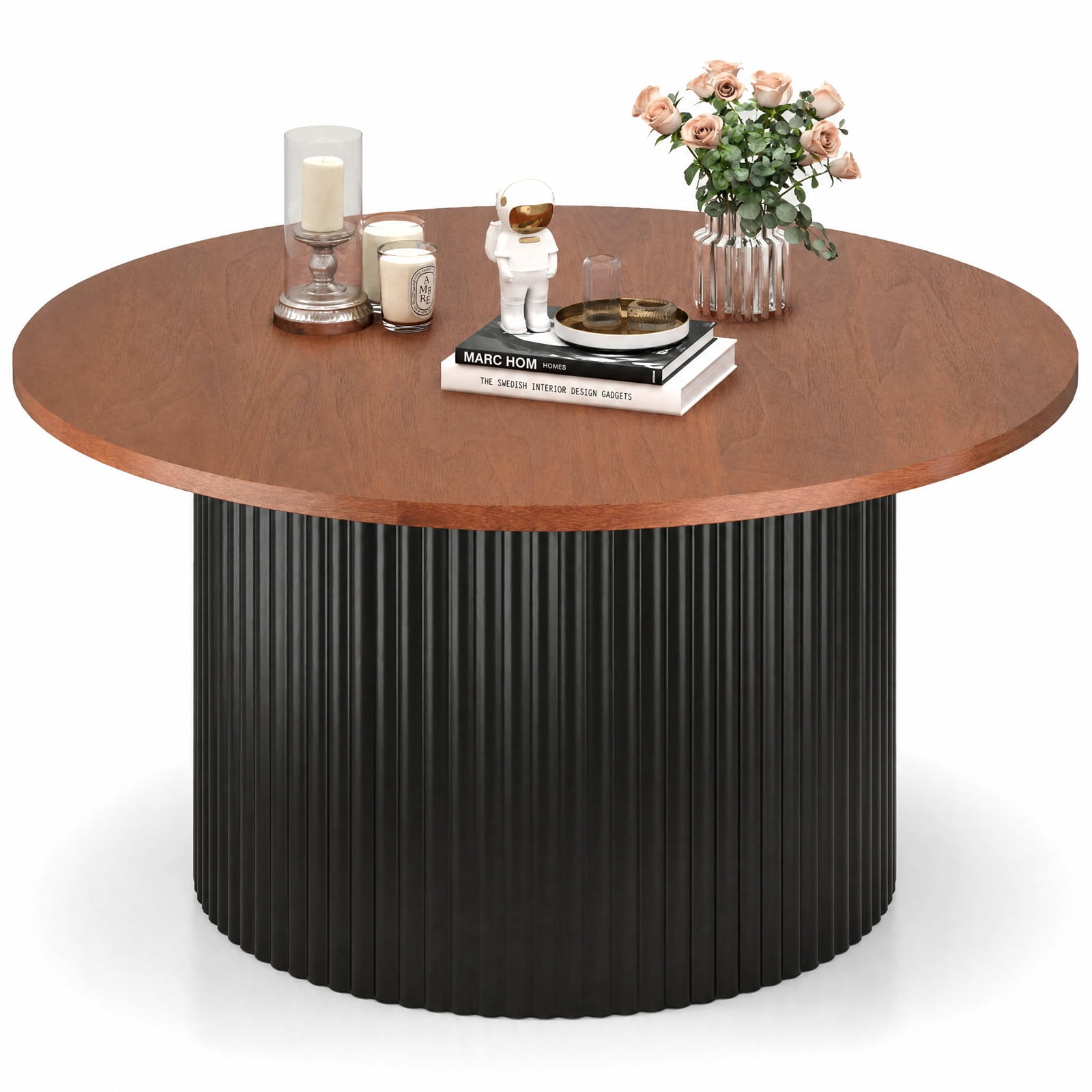 Furnibear Round Coffee Table with Solid Wood Frame and Wooden Top for Living Room and Reception Room 32 Inch Center Table, Walnut