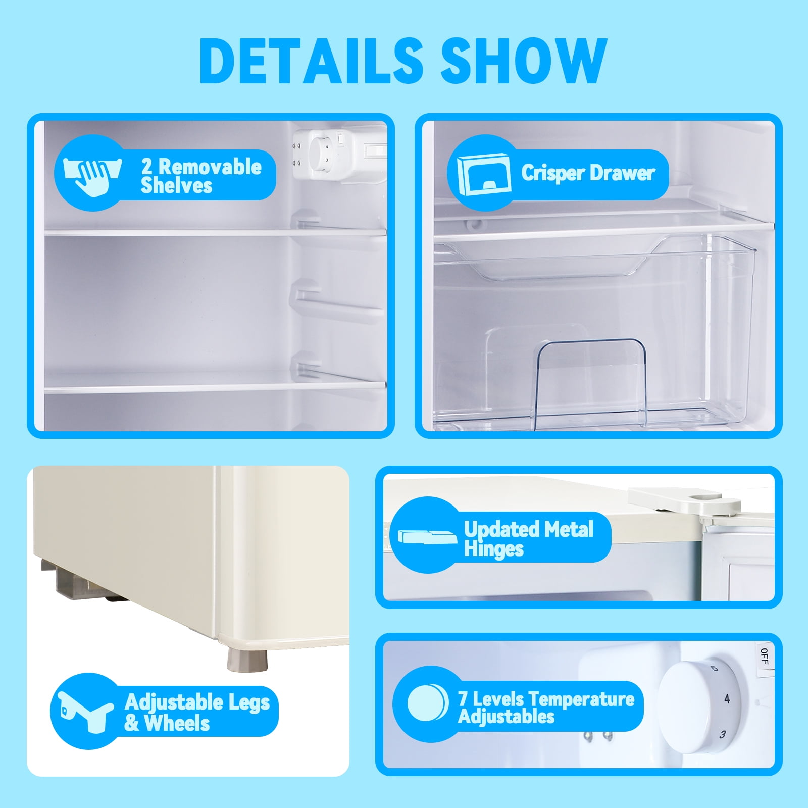 TACOOL Small Refrigerator with Freezer Retro Mini Fridge with Removable Shelves LED Light for Apartment 3.4Cu.Ft White