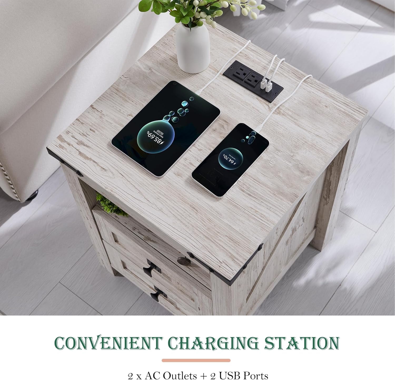OKD Farmhouse Nightstand with Charging Station for Bedroom, 2-Drawer Rustic End Tables for Living Room, Antique Brush White
