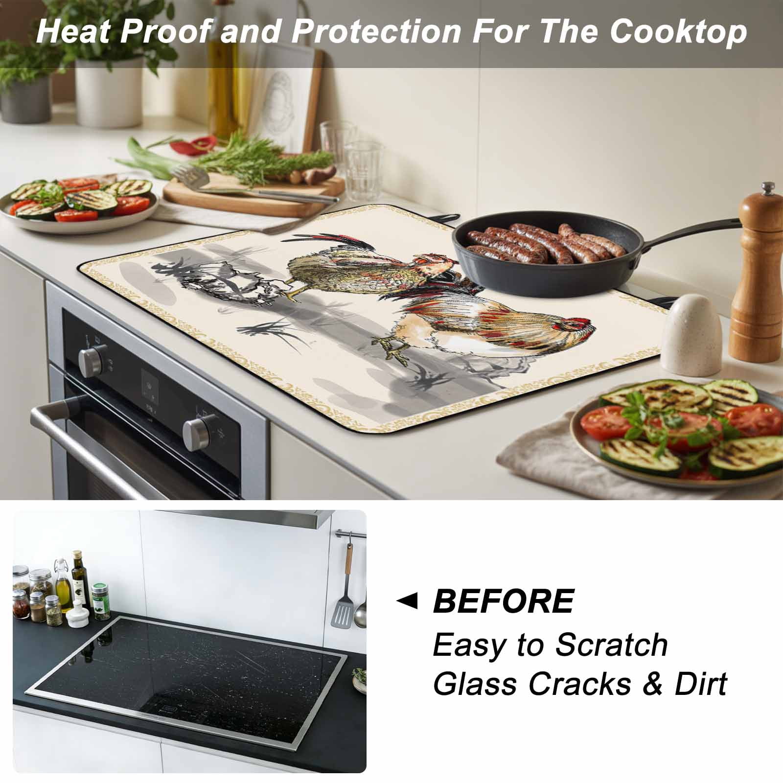 Rooster Farm Animal Country Stove Top Cover for Electric Stove, Heat-proof & Non Slip Glass Top Stove Cover Protector, Chinese Style Plant Kitchen Flat Cooktop Rubber Mat 24x21 Inches