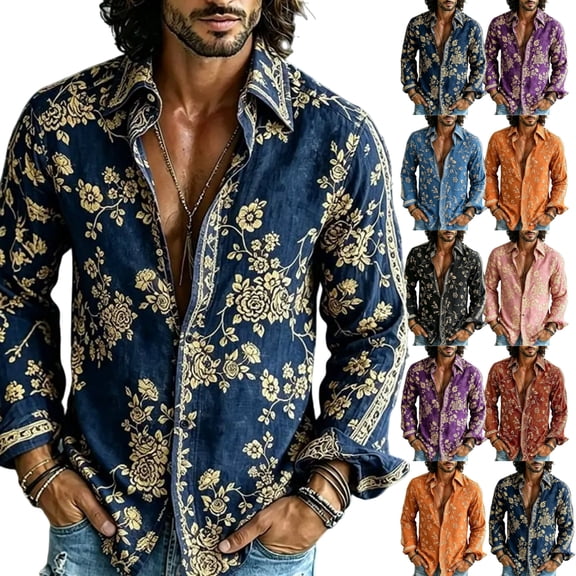 Fsmtpdam Long Sleeve Shirts for Men Hawaiian Button Down Collared Retro Floral Print Tops Boho Lightweight Beach Vacation Vintage Shirt