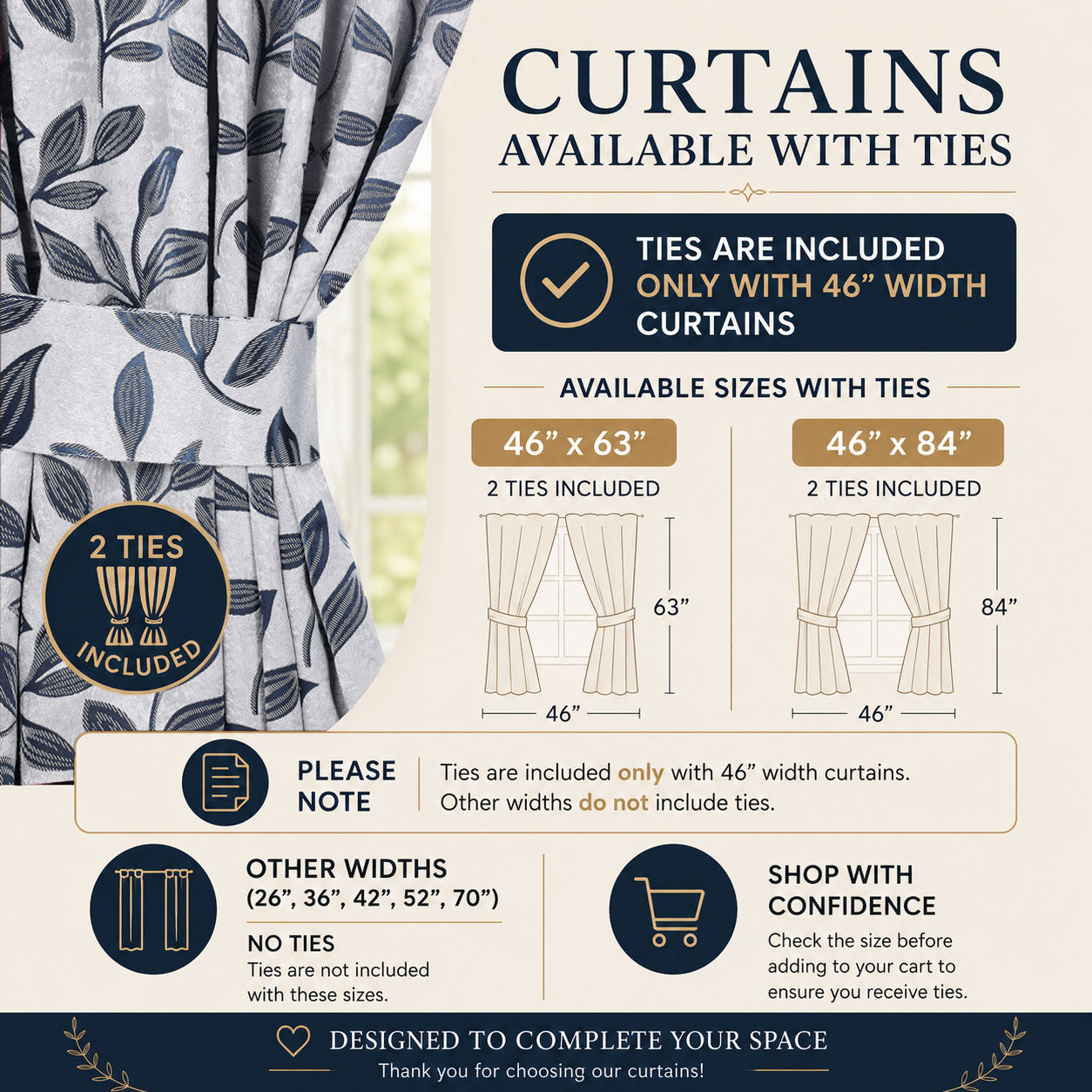 Superior Blackout Leaves Curtains Set of 2, Light Filtering Grommet Curtain Panel Set, White-Navy, 46"W x 84"L
