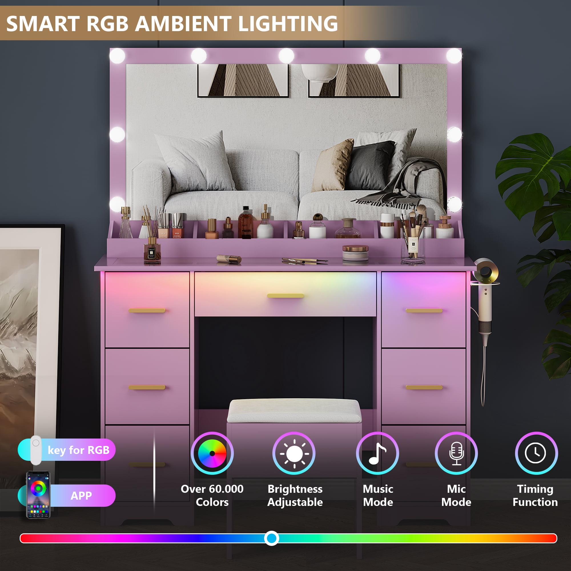 Vanity Desk with 38" Large Mirror and 9 LED Lights & Glass Top and Power Outlet, Adults Makeup Vanity with Chair and 7 Storage Drawers, Dressing Table Set for Bedroom, Modern Purple