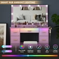 thumbnail image 3 of Vanity Desk with 38" Large Mirror and 9 LED Lights & Glass Top and Power Outlet, Adults Makeup Vanity with Chair and 7 Storage Drawers, Dressing Table Set for Bedroom, Modern Purple, 3 of 7