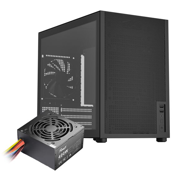 Rosewill FBM-Z3-400 Micro ATX Gaming PC Case with 400W Power Supply, Top Carry Handle, Tempered Glass Side Panel, Mesh Front Panel, 2 x USB 3.0, Black