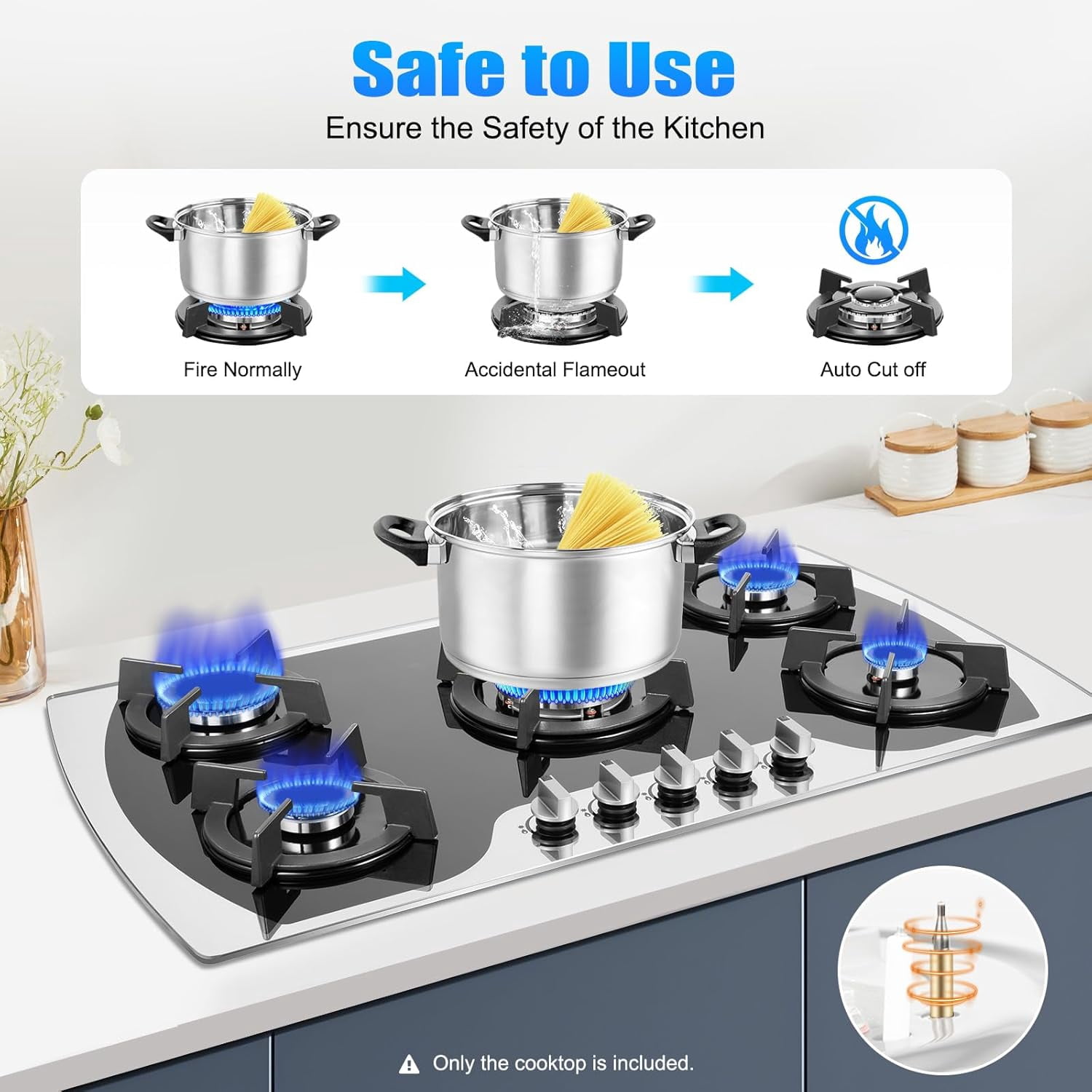 Gas Cooktop 36'' Gas Stove Top with 5 Burners, Built-In Gas Hob Suitable for Dual Fuel LPG/NG, Tempered Glass Stovetop Cooker for for Kitchen, Home, Apartments, RVs, Easy To Clean