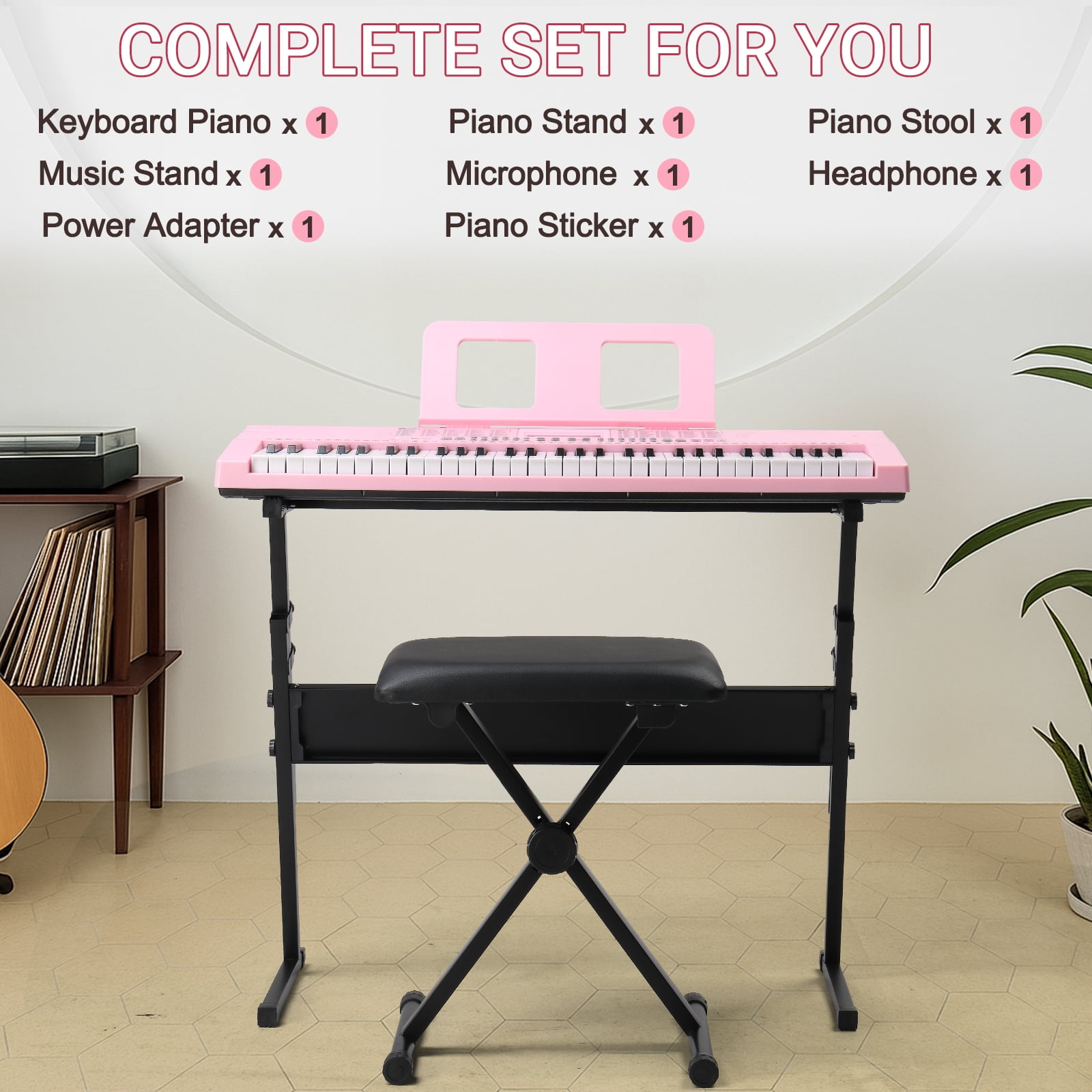 Ktaxon 61 Keys  Keyboard Piano with Lighted Keys, Z-Stand, Piano Bench, Pink