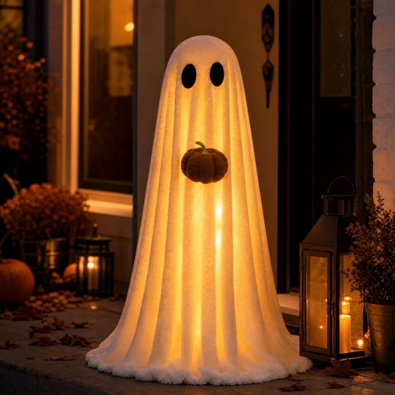 CHJK 3.6FT Light‑Up Ghost Halloween Decoration, Cute Standing Ghost Figurine with Plush Pumpkin&Warm LED Light & Adjustable Tripod for Porch Fireplace Living Room Halloween Party Decor