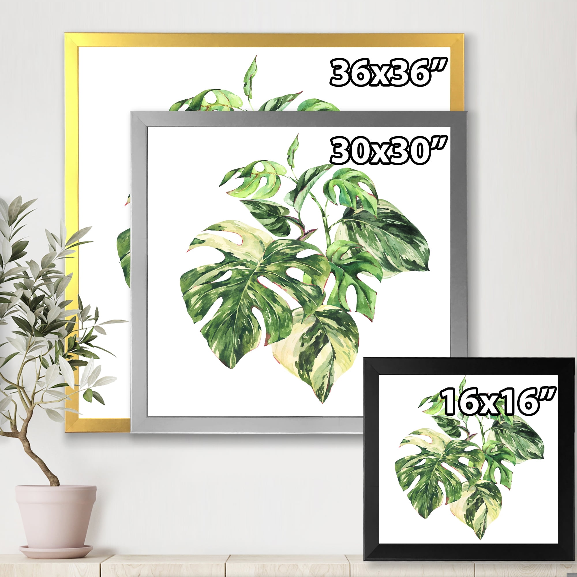 Designart 'Tropical Green Leaves On White In Summer Times I' Tropical Framed Art Print