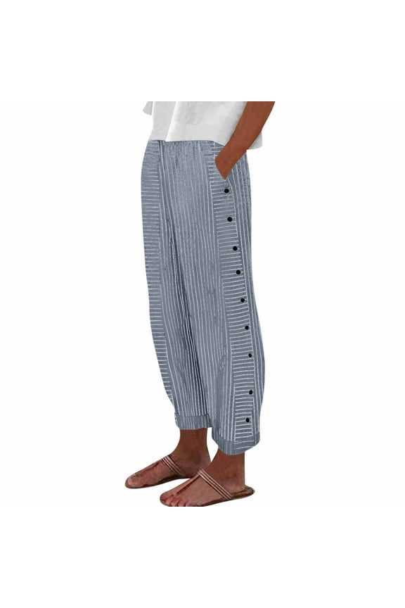 Striped Linen Pants Women Side Button Elastic Waist Capri Gauze Pants Lightweight Summer Beach Cropped Trousers 2025 Light Blue L