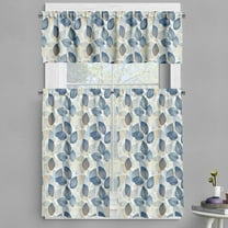 Botanical Valance & Tier Curtain 3 pcs Set, Contemporary Leaves Paint Print in Cold Tones A Winter Call Theme, Window Treatments for Kitchen Room Decor, 55" x 36", Dark Night Blue and Beige