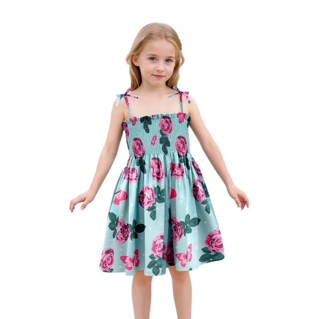 Robe Bébé Fille Été Imprimé Floral Robe à Bretelles Légère Décontractée avec Attaches Réglables pour Plage Robe Bébé Vert Clair 2 Ans-3 Ans