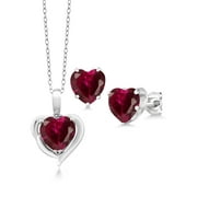 Gem Stone King 925 Sterling Silver Red Created Ruby and White Diamond Pendant and Earrings Jewelry Set For Women (5.12 Cttw, Heart Shape 8MM, with 18 inch Chain)
