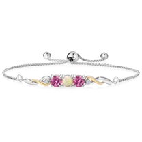 925 Sterling Silver and 10K Yellow Gold White Ethiopian Opal Pink Moissanite and White Lab Grown Diamond Tennis Bracelet for Women (1.32 Cttw, Gemstone Birthstone, Fully Adjustable up to 9 inch)