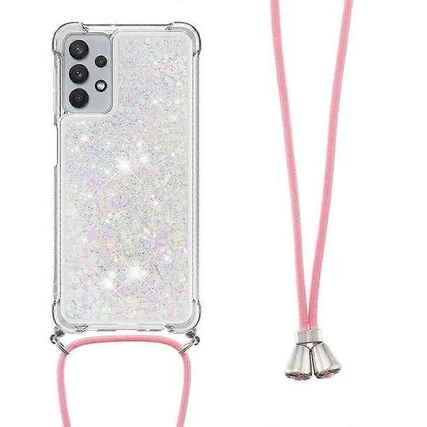 Mobile Phone Lanyard Case for Xiaomi Redmi 13C, Glitter Diamond Ultra Thin Soft Silicone Case with Cord, Light Pink