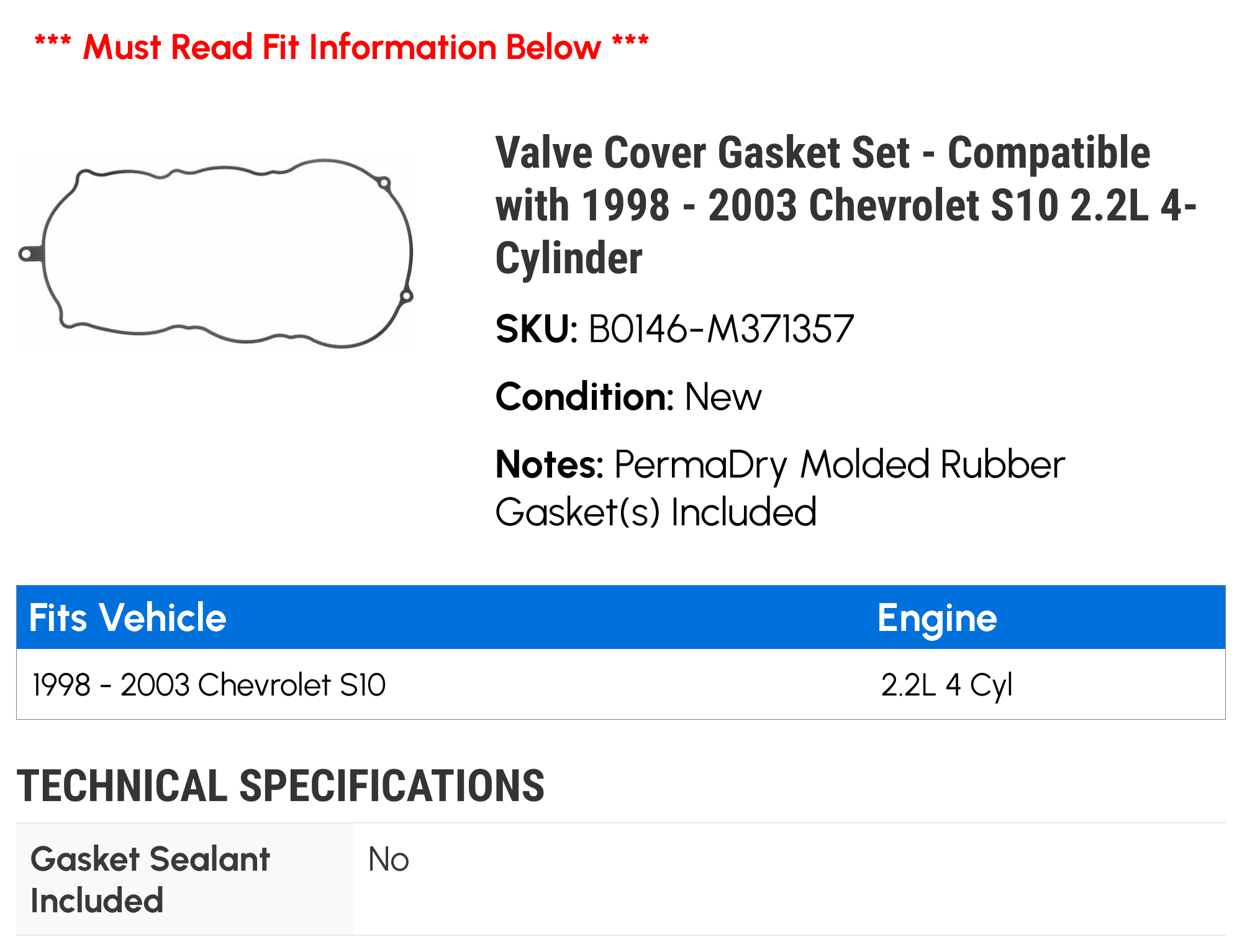 Valve Cover Gasket Set - Compatible with 1998 - 2003 Chevy S10 2.2L 4-Cylinder 1999 2000 2001 2002