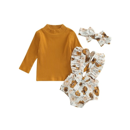 

Diconna Newborn Baby Girls Bodysuit Sets Fall Winter Clothes Turtleneck T-shirt Flower Print Bodysuit Bow Hairband Ginger 18-24 Months