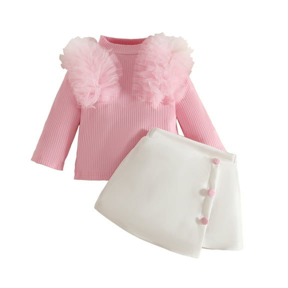 Owordtank Toddler Baby Girls 2 Piece Oufit Tulle Ruffle Cute Long Sleeve Ribbed Top Button Mini Skirt Fall Winter Clothes