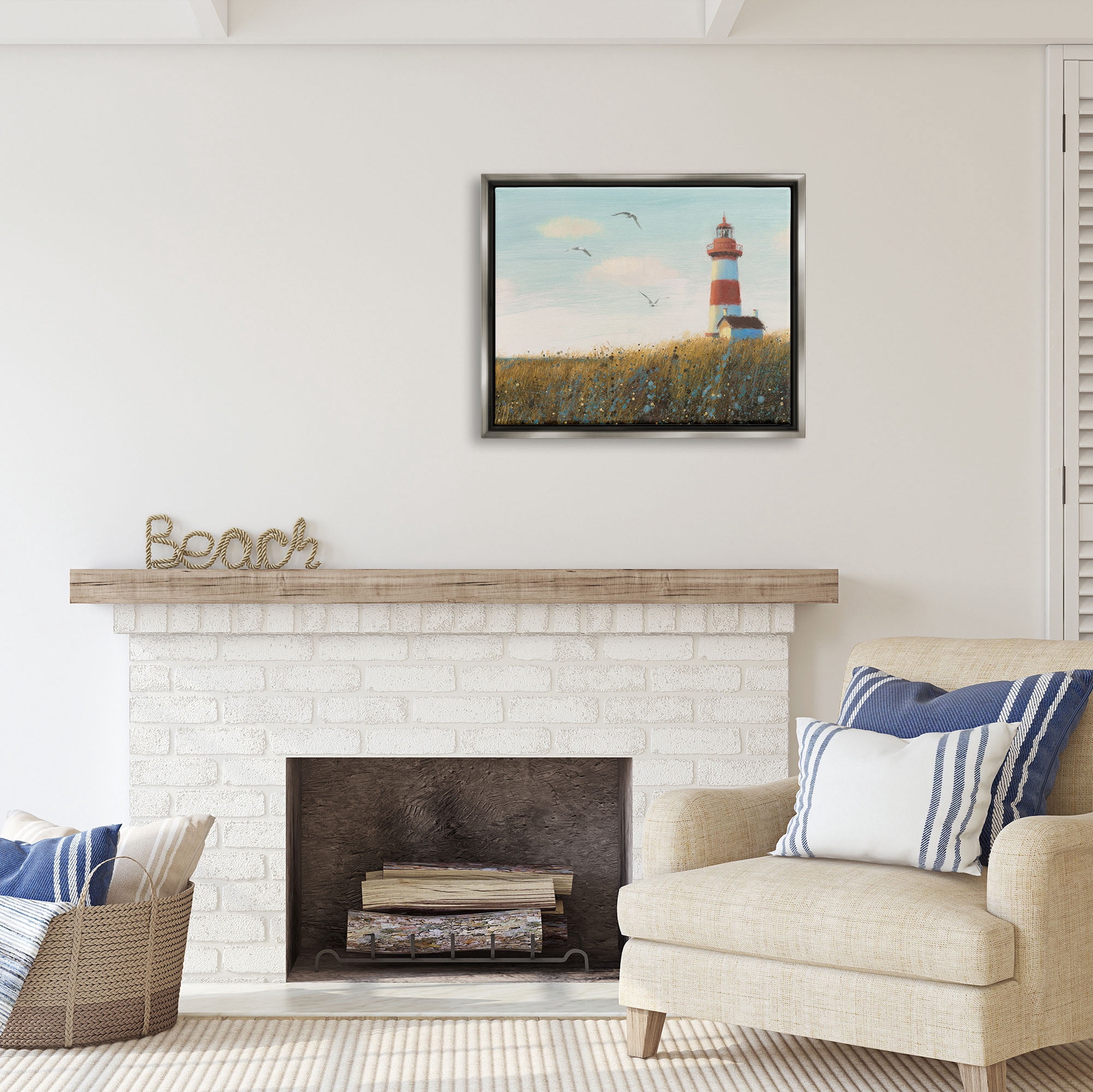 Stupell Industries Coastal Lighthouse Painting Nature Painting Gray Floater Framed Art Print Wall Art, 31 x 25