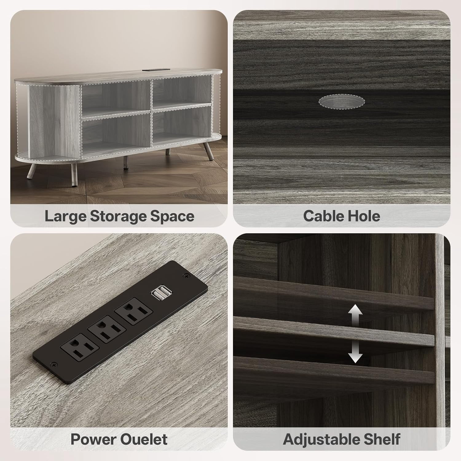 55" TV Stand with Power Outlet, Modern Media Console with Sliding Doors, Entertainment Center for TVs up to 60 Inch, Adjustable Shelves, Grey