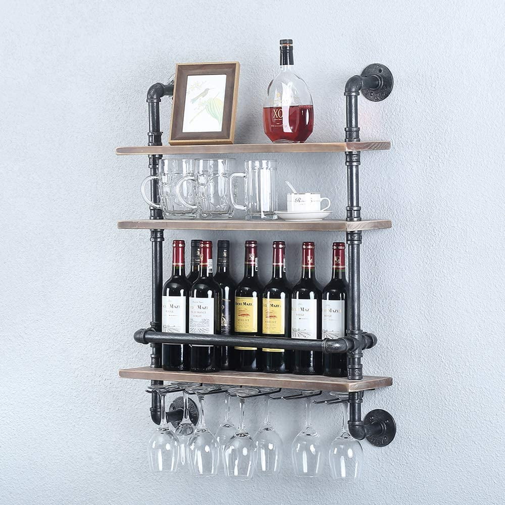 Wall Bar Shelves Industrial Pipe Shelving with 4 Stem Glass Holder, 4-Tiers  Rustic Floating Wine