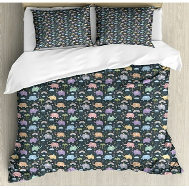 Elephant Duvet Cover Set Queen Size, Funny Animals Childish Cartoon with Clouds Rainbows Cheerful Elephants and Birds, Decorative 3 Piece Bedding Set with 2 Pillow Shams, Multicolor, by Ambesonne