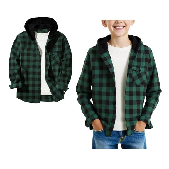 Teen Button down Shirt Plaid Hooded Long Sleeve Shirts Kids Light Fall Shirts Boys Jacket 15-16 Years