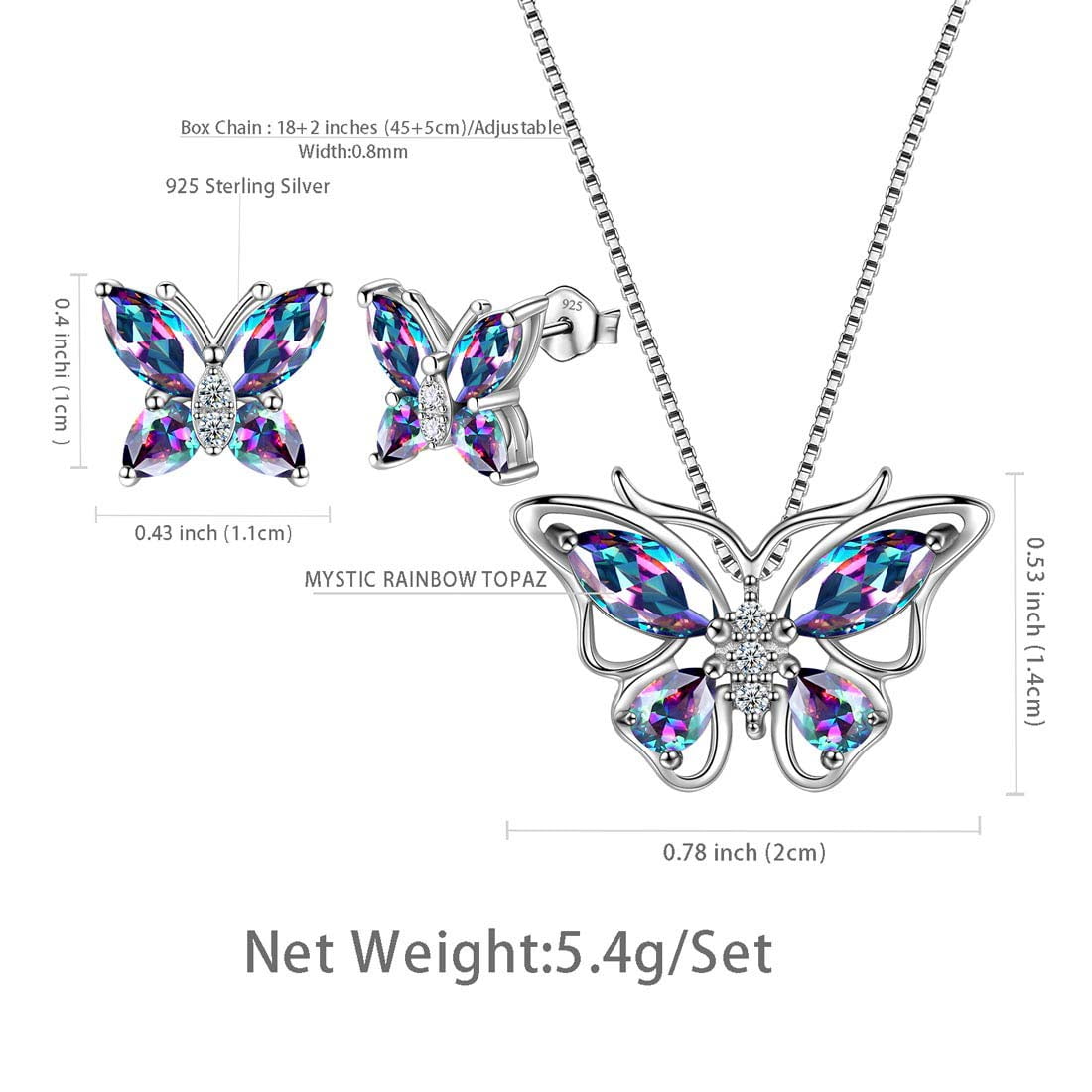 925 Sterling Silver Rainbow Mystic Topaz Butterfly Jewelry Set Fine Necklace Earrings Women Mother's Day Gift
