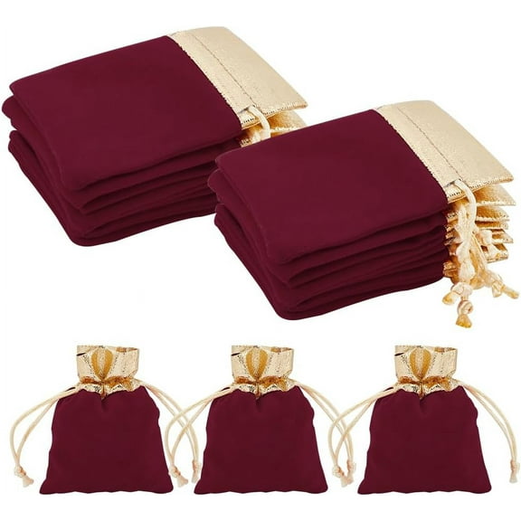 25Pcs Velvet Gift Pouches with Gold Opening Wine Red Small Jewelry Bags with Drawstring 10x7cm for Jewelry Party Favors Wrapping on Valentine's Day Wedding Christmas for making