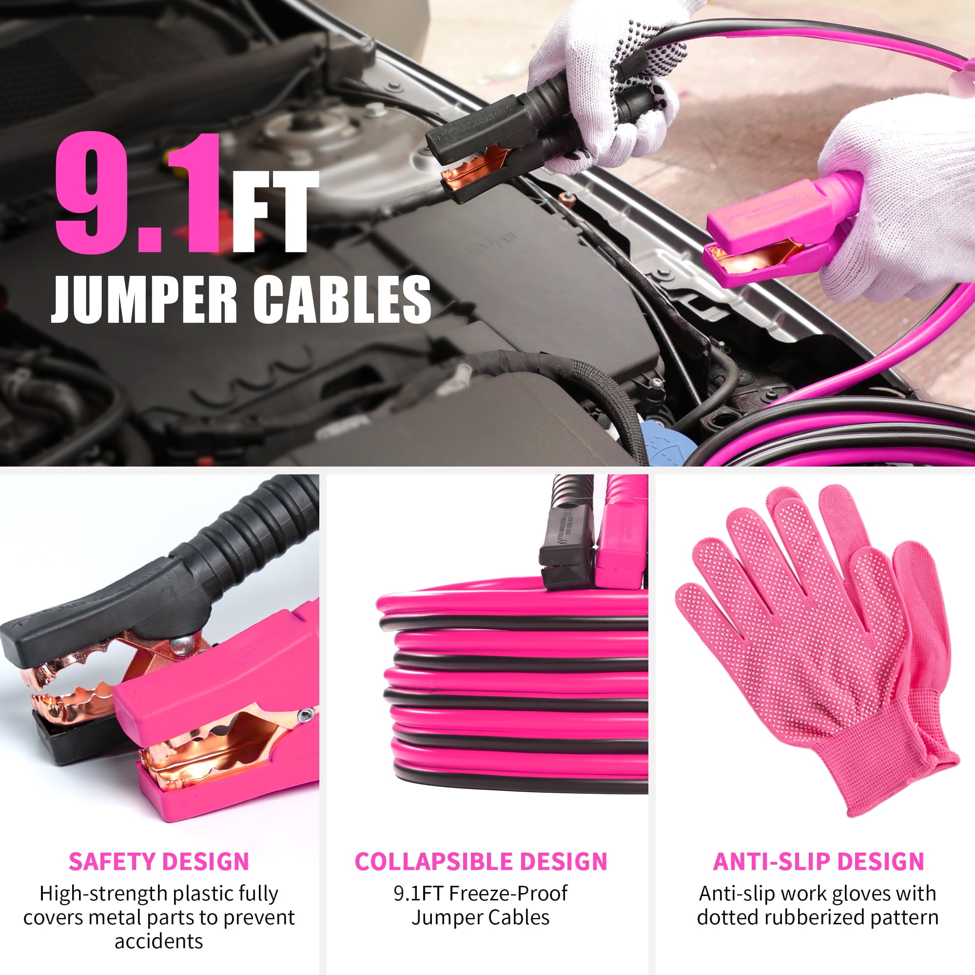 Pink Car Emergency Kit – Roadside Emergency Kit with Jumper Cables & Safety Tools