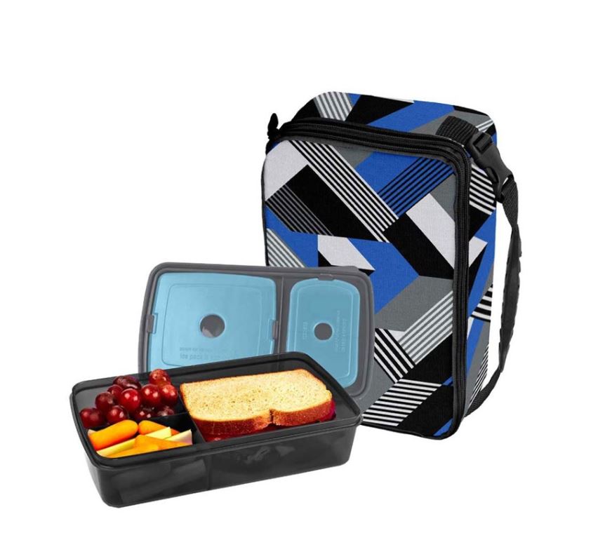 Bento Box Lunch Box Black and Blue Triangles Design
