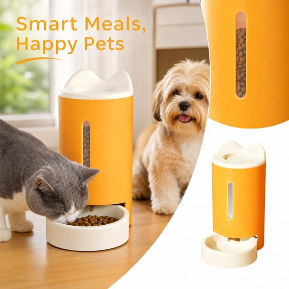 Gravity Pet Feeder for Cats and Small to Medium Dogs, Self-Dispensing Dry Food Bowl with Side Visual Window, Orange and White Animal Ear Design
