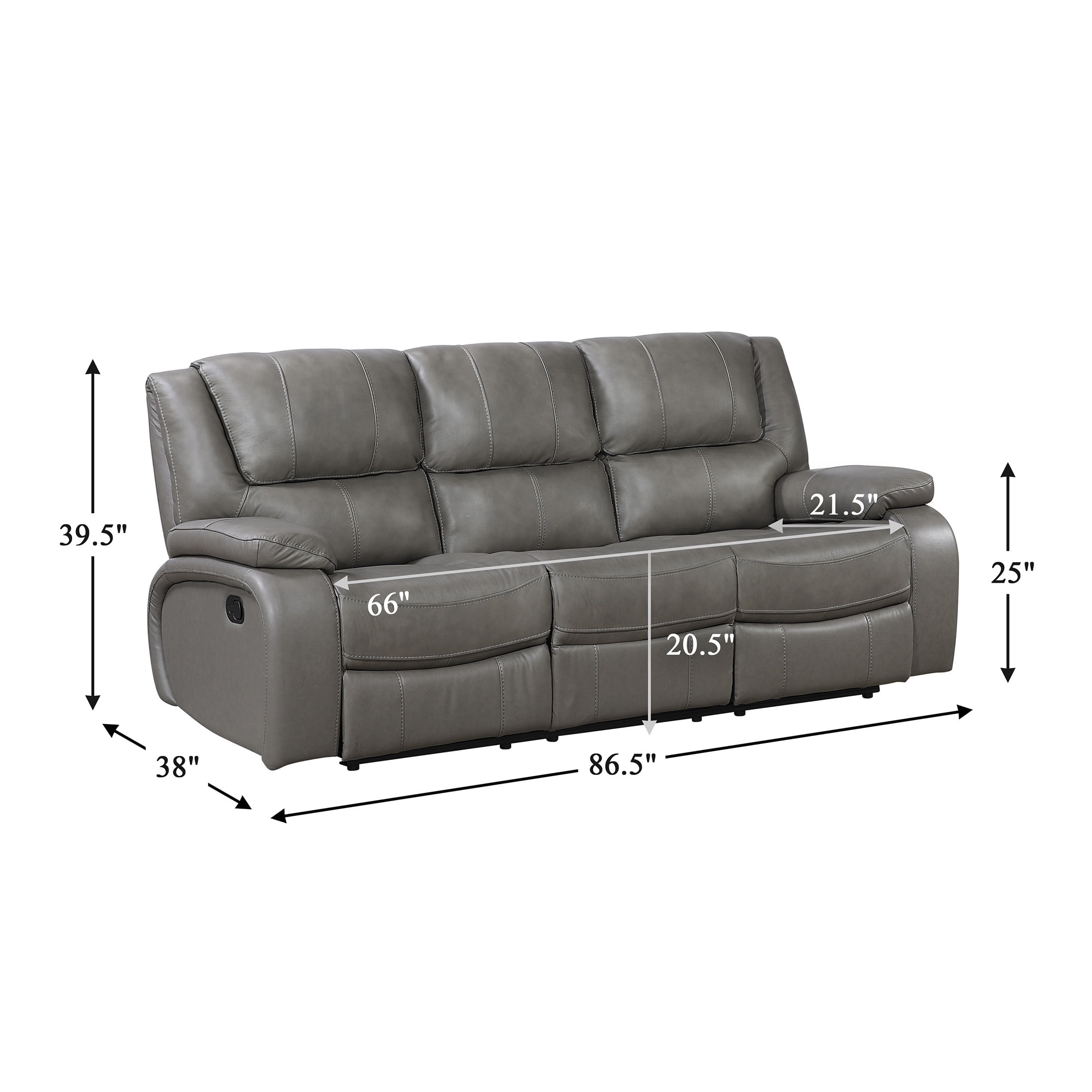 OakvillePark Arlisse Leather Match Manual Double Reclining Sofa, Gray